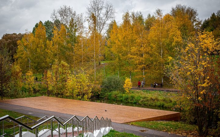 A park in autumn colour with a timber deck and wide steps beside the water and paths running under golden trees.